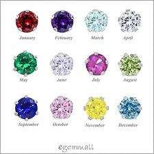 Sterling Silver Everyday Stud Post Earrings CZ Simulated Birthstones 3,4,5,6 mm