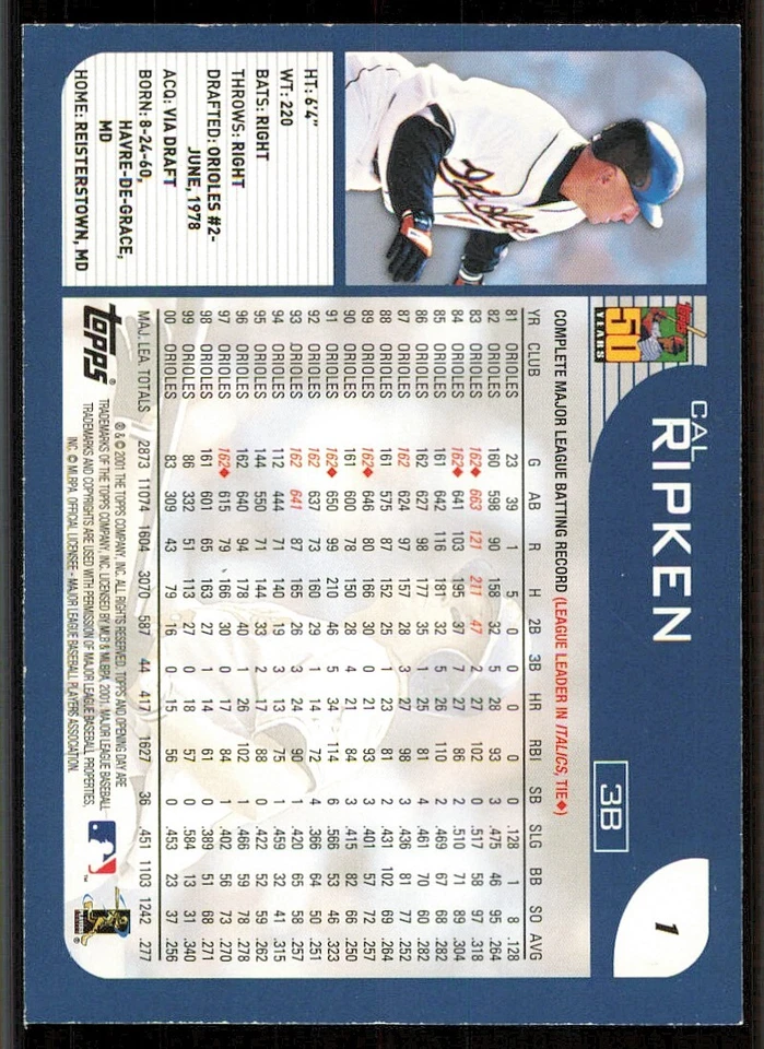 2001 Topps Opening Day #1 Cal Ripken - Image 2 of 2