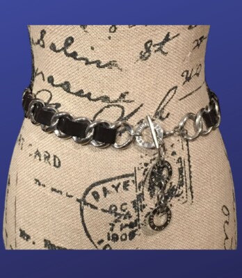 NINE WEST Chain Link Patent Leather Belt, Silver/Black, Toggle