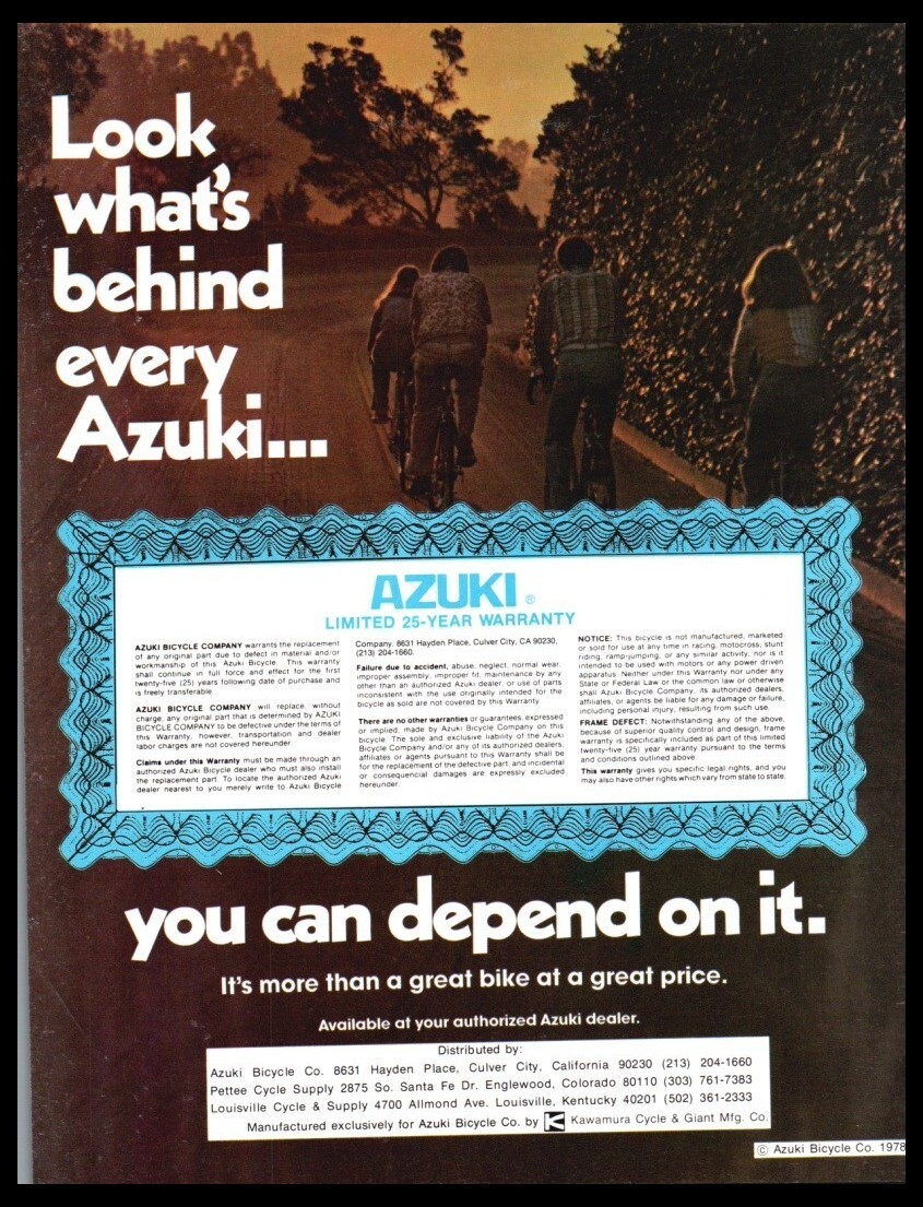 1978 Azuki Vintage ORIGINAL Bike/Bicycle Print ad /mini poster-1970's