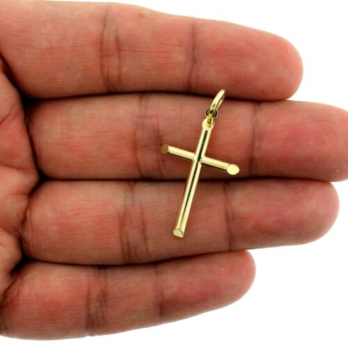 Mens 10K Solid Yellow Gold Large Plain Tube Cross Charm Pendant, 10KT Real Gold - Picture 1 of 3