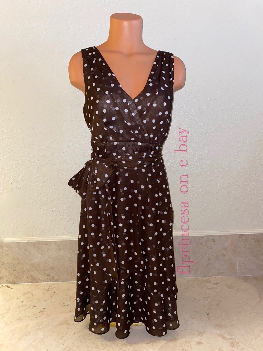 knee length dresses for ladies Zapaka Women Brown Chiffon A-Line Long Sleeve Polka Dots Dress V-Neck Tea Length Party Dress, Brown / US12 main image 0