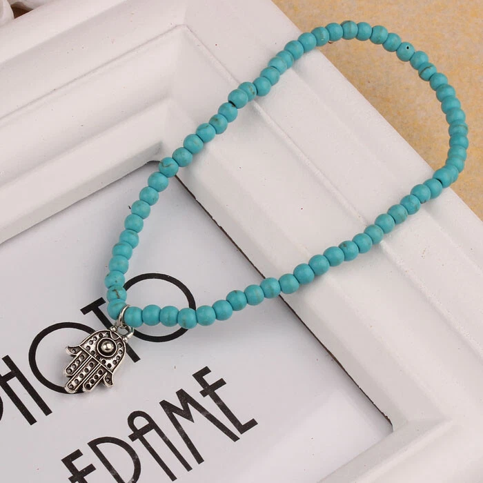 Hamsa Mão De Fátima Turquesa Mau-Olhado Esticar Tornozeleira + Sacos de presente grátis - Imagem 2 de 3
