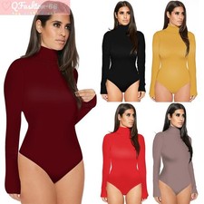 Women Long Sleeve Bodysuit Leotard Plain High Neck Roll Turtle Jumpsuit Bodycon
