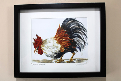 CHINESE ROOSTER Orig Watercolor Signed x2 JANE JORDAN Framed Matted 12x15