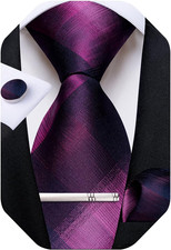 Plaid Ties for Men Silk Checkered Necktie and Pocket Square Cufflinks Tie Clip S