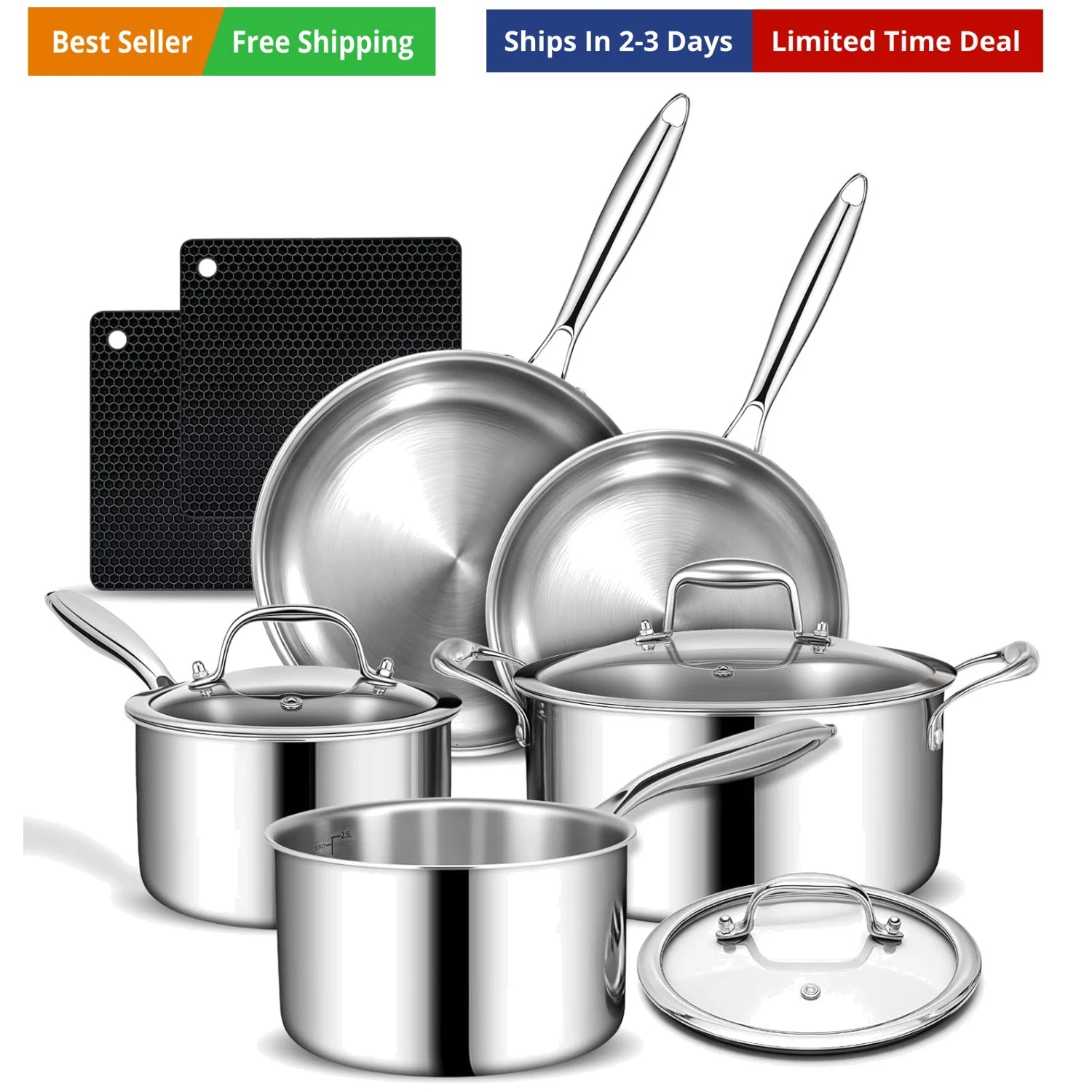 3 Ply Stainless Steel Cookware Set, 10-Pieces Pots and Pans Set, Induction Ki...
