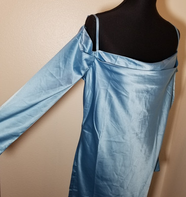 Venus Womens Sz 10 Blue Teal Satin Off The Shoulder Long Sleeve Dress Prom NWOT