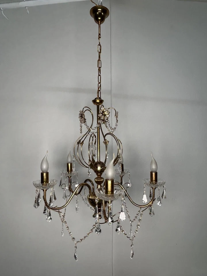 Lampadario in cristallo Swarovski ottone oro sospensione classico vintage 5 luci - Image 3 of 4