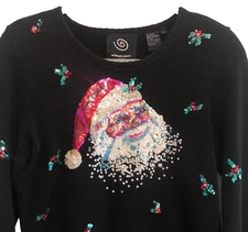 VTG Michael Simon Womens sz S Black Pullover Christmas Sequined Santa Claus 2001