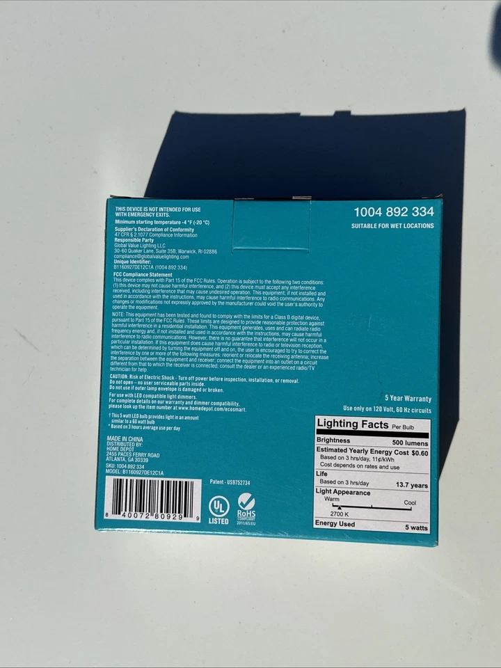 Ecosmart 60W B11 LED Soft White Dimmable Candelabra Base 3 Pack - Brand New - Image 3 of 4