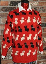 VTG KNIT PICS Scotland 100 WOOL Black White Scottie TERRIER DOG RED Sweater 38