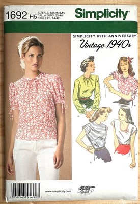 Simplicity Schnittmuster 1692 Bluse Tops 4 Styles Vintage 40er Gr. 6 - 14 Neu