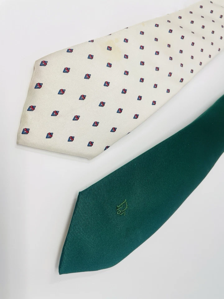 Juego De 2 Corbatas De Colección Christian Dior Para Hombre Verde Logo Corbata Blanco Diamante Seda Foto 3 de 4
