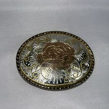 ROSE DESIGNED BELT BUCKLE GOLD AND SILVER TONE MADE IN USA