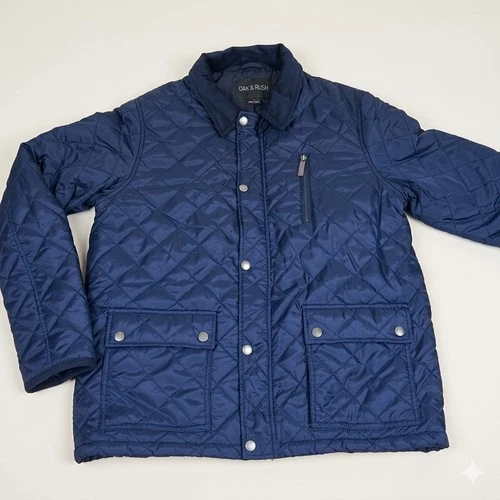 NWT OAK & RUSH Men's Quilted Lined Jacket Navy Full Zip Snap Front Stand-Up LG  - product listing photo