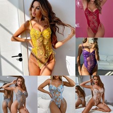 Women Mesh Jumpsuits Babydoll Bodysuit One Piece Lingerie Deep V Teddy Top