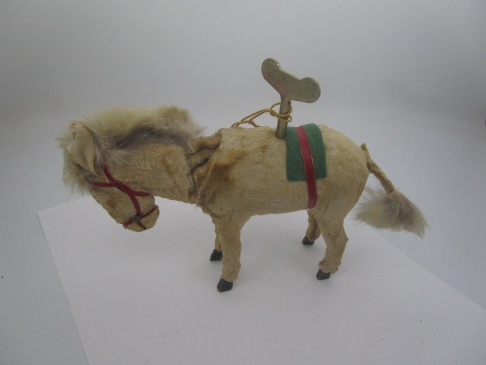 Vintage Automaton Mohair Wind Up Donkey Horse Glass Eyes 9” Working