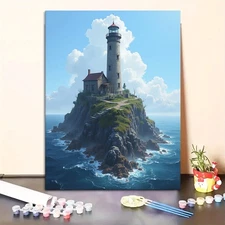 Paint by Numbers for Adults Lighthouse on rocky island by sea