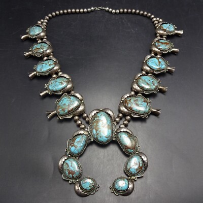 BIG Vintage 1970s SMOKY BISBEE TURQUOISE Sterling Silver SQUASH BLOSSOM NECKLACE