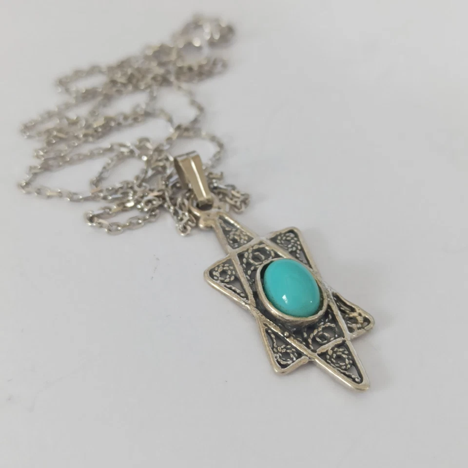 Винтажный серебряный звезда Давида ожерелье бирюзовый синий филигранный мужчин женщин 925 подарок - Изображение 3 из 4