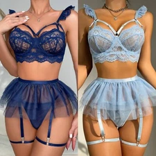 4 Pieces Lace Bralette Babydoll Mini Skirt with G-String Set Women Sexy Lingerie