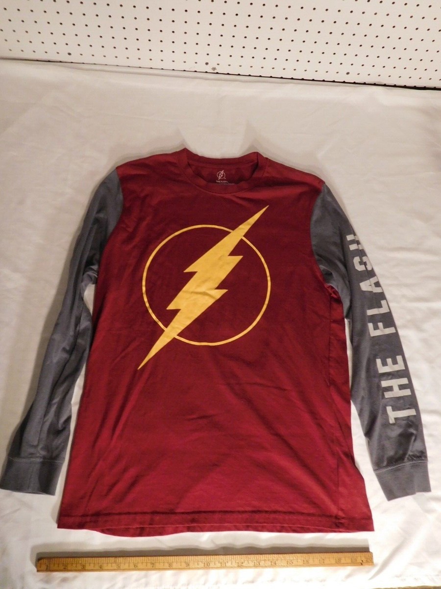 T Tee Shirt the Flash long Sleeve Red/Grey w/ Lightning Bolt