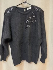 Vintage Angora Black Sweater With Beads  Padded Shoulder Made in Korea