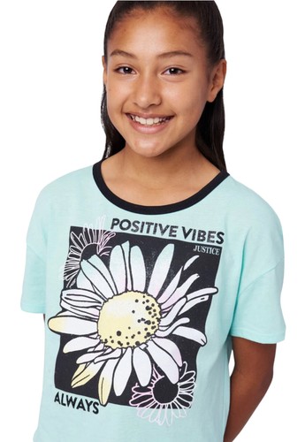 Justice Girls Top Aqua 7-8 Pullover Short Sleeve Daisy Graphic Logo - Picture 2 of 10