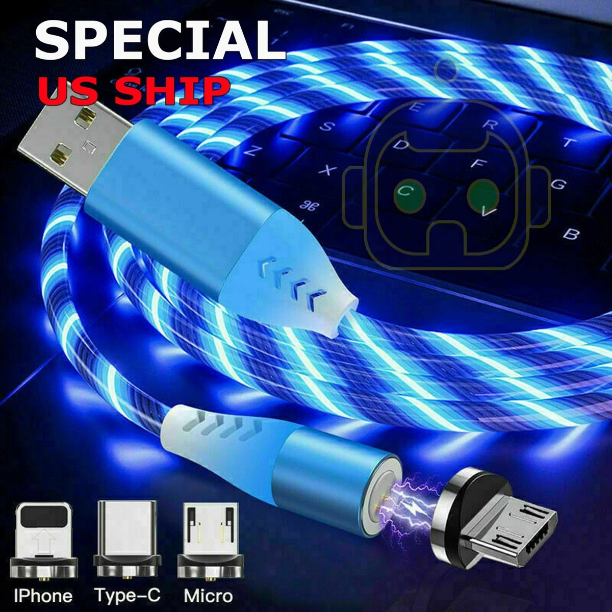 Magnetic LED Light Up USB Phone Charger Cable Cord For iPhone Type C Micro  US