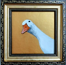 White Goose Painting Original Miniature Geese Artwork Bird picture Golden FRAMED