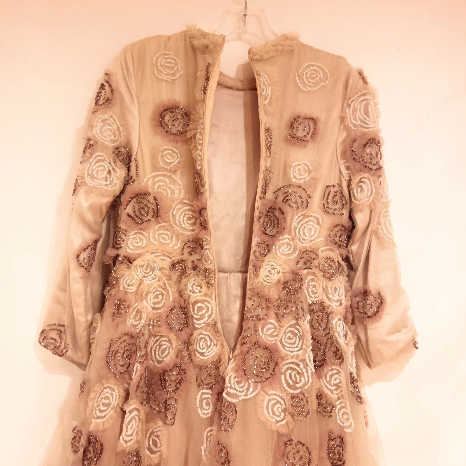 CELINE Abito da sposa beige floreale classico A Line maxi maniche lunghe a strati