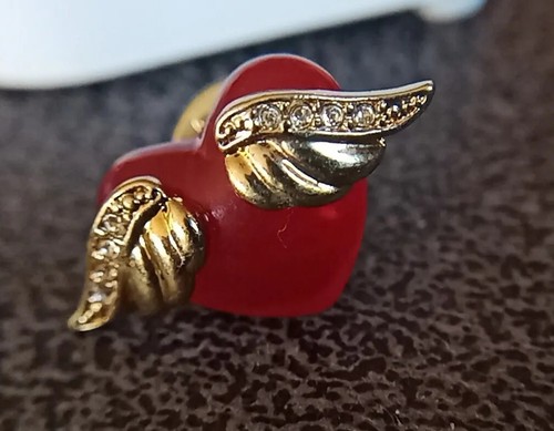 Vintage Red Heart Stone With Angel Rhinestone Wings Tie Tac - Picture 2 of 5