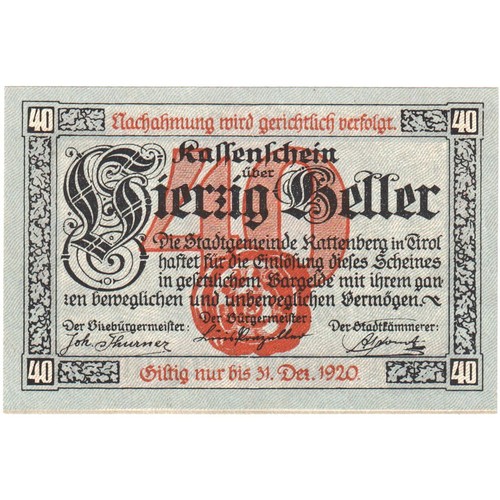 [#288552] Austria, Rattenberg, 40 Heller, place, 1920, 1920-12-31, UNC, Mehl:FS  - Foto 2 di 2