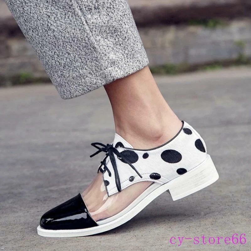 Polka Dot Women's Leather Clear Shoes Lace Up Oxfords Splicing Flats Round  Toe