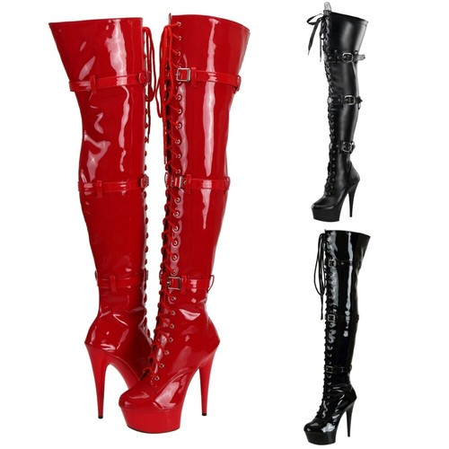Ladies Women Thigh High Heel Lace Up 