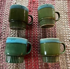 Vintage Mid-Century Mod Stoneware Green/Blue Stackable Coffee Mug