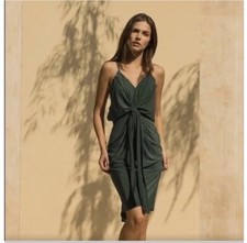 MISA Los Angeles Dress Women XS Green Jersey Midi Domino Knot Front Rush