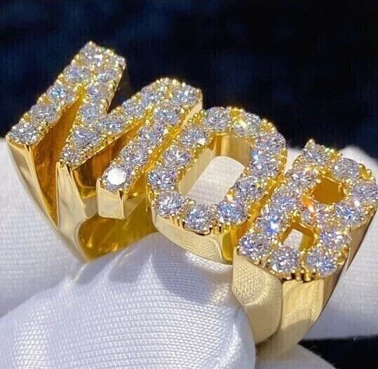 3Ct Round Cut Moissanite Custom Letter Men's Ring 14K Yellow Gold Plated Silver - Image 3 of 4