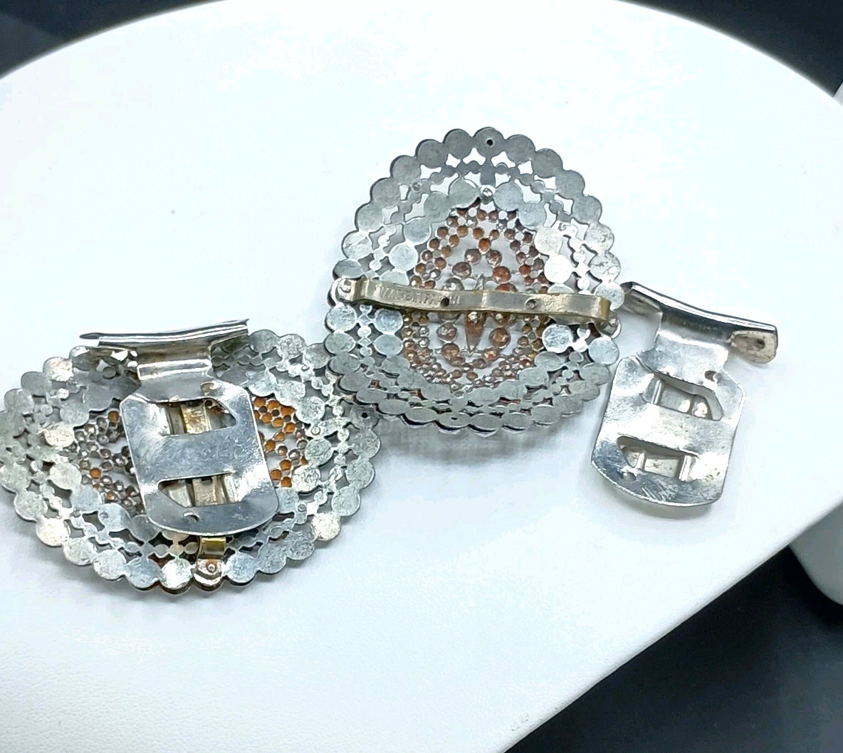 Antique Victorian Shoe Buckle Clip Pair Signed Made In France Cut Steel Faceted