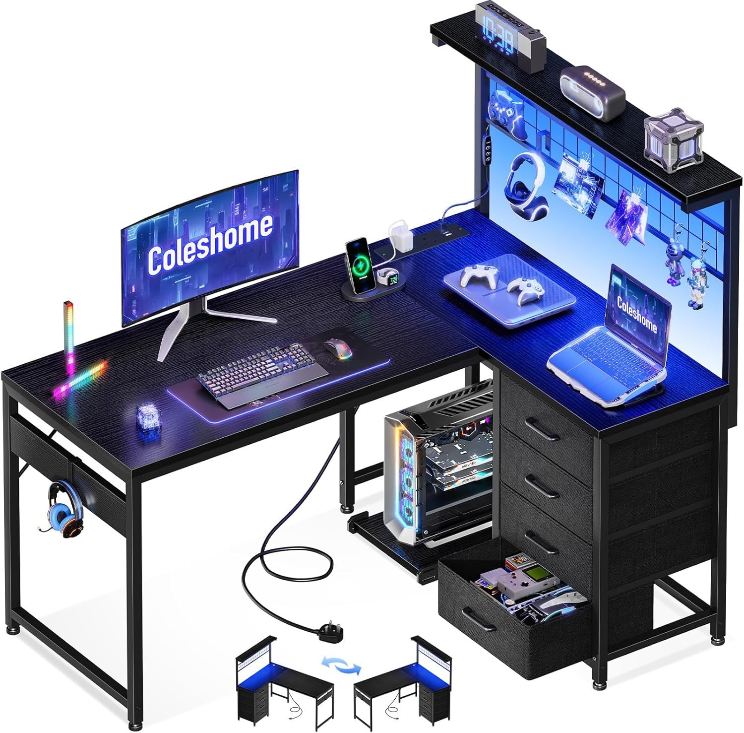 Coleshome L Shaped Gaming Desk with Drawers