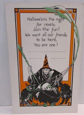 Antique Halloween Postcard Invitation UNUSED Witch Owl Skull Black Cat Cauldron