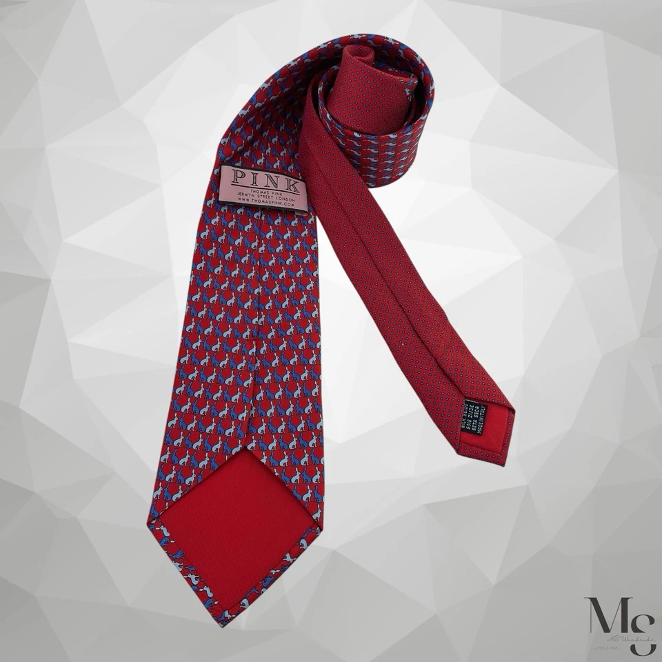 Corbata de seda de diseñador de lujo con estampado de conejo rojo THOMAS PINK 58”-3,25” EXCELENTE ESTADO Foto 2 de 4