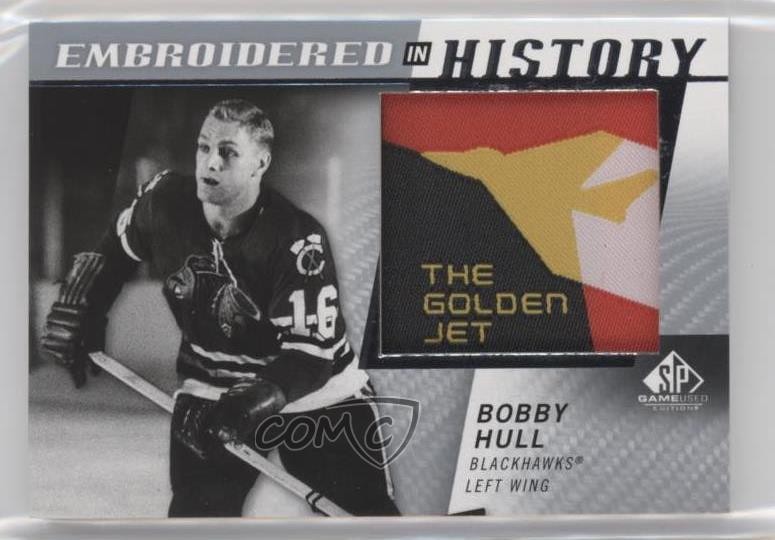 Bobby Hull #58 Hockey Cards 2021 SP Game Used Embroidered in History trading card — raw and PSA graded price guide