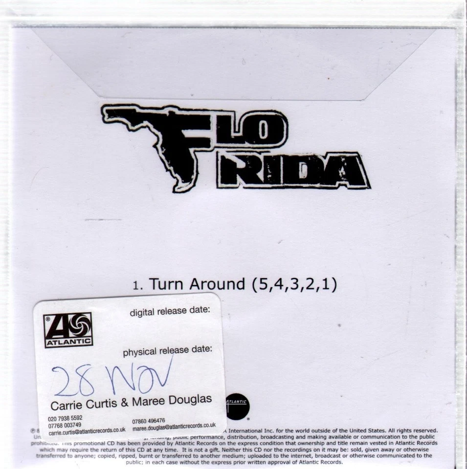 Flo Rida Turn Around 54321 CDr Europe Atlantic 2010 promo cd-r with release date - Bild 2 von 2