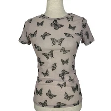 Vintage Y2K 00s Top Women Small Sheer Butterfly Tee Fairy Indie Sleaze Layering