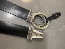Chicos Black Adjustable Leather Belt 2  Wide Gold /Silver Buckle Ornate Retro