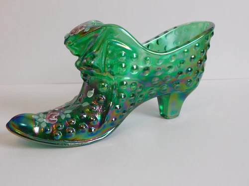 Fenton Art Glass Emerald Green Hobnail Iridescent Painted Shoe-Signed/Sticker