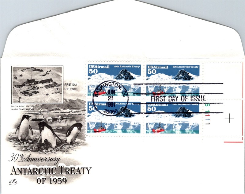 S09-6277, ANTARCTIC TREATY, PLATE NUMBER BLOCK, ARTCRAFT FDC