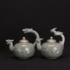 Teiera 8" vecchia dinastia Song porcellana forno jun Fambe scritta dorata manico drago